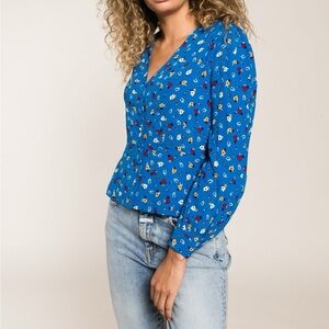 ba&sh Lali Blue Floral Button V Neck Long Sleeve Blouse Women's Size Small NWT